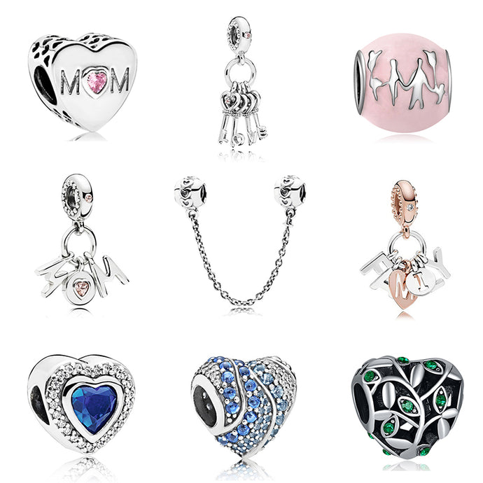 New Original Silver Plated Bead Alloy Family Mother Love Heart Pendant Charm Fit Pandora Bracelet Necklace DIY Women Jewelry